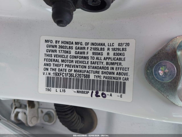 44335640 :رقم المزاد ، 19XFC1F36LE207688 vin ، 2020 Honda Civic Ex مزاد بيع