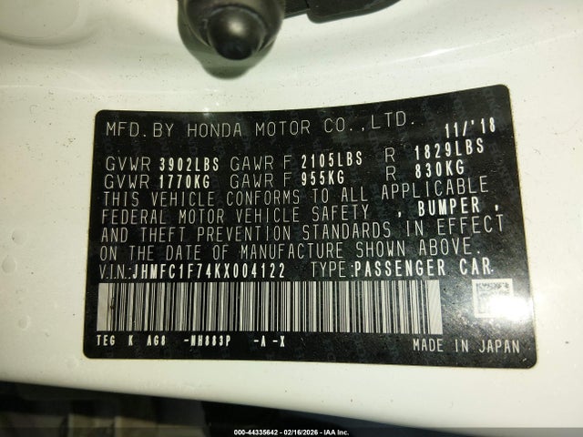 Honda Civic Ex-l 2019 JHMFC1F74KX004122 Image 9