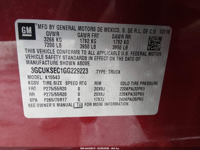3GCUKSEC1GG229223 Chevrolet Silverado 1500 2lz