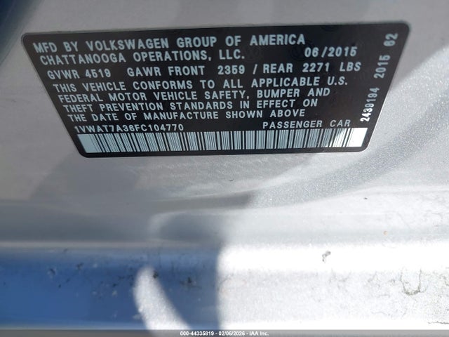 44335819 :رقم المزاد ، 1VWAT7A36FC104770 vin ، 2015 Volkswagen Passat 1.8t Limited Edition مزاد بيع