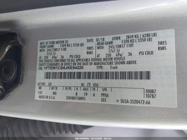 Aukcja sprzedaży 2018 Ford F-150 Xlt, vin: 1FTEW1CB8JKE94220, numer aukcji: 44335884