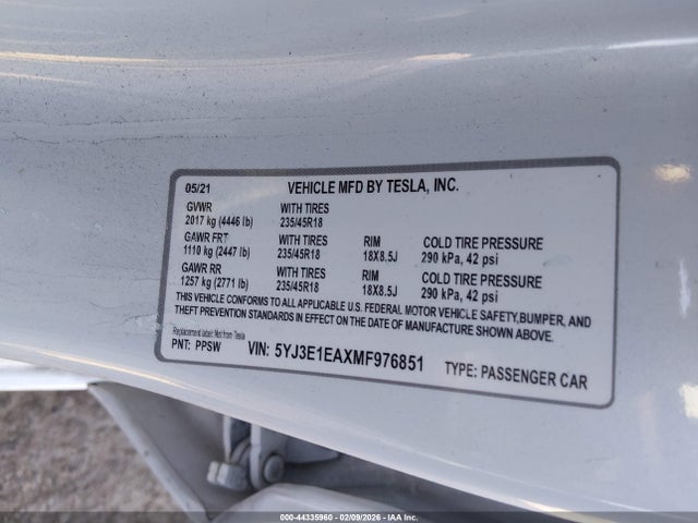 Aukcja sprzedaży 2021 Tesla Model 3 Standard Range Plus Rear-wheel Drive, vin: 5YJ3E1EAXMF976851, numer aukcji: 44335960
