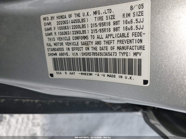 2005 HONDA CR-V SHSRD78545U345473 Photo 8