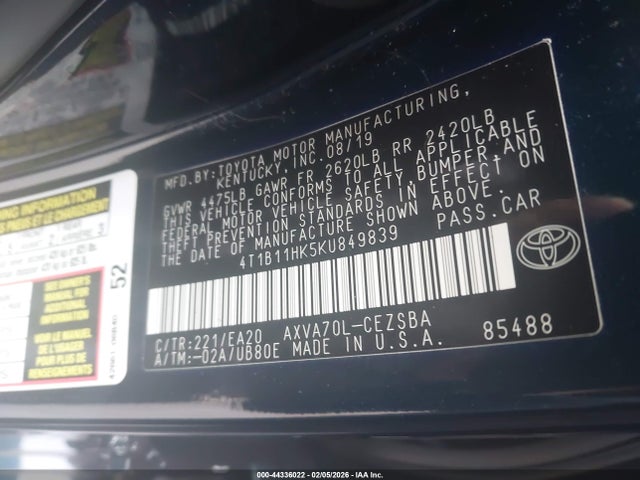 4T1B11HK5KU849839 Toyota CAMRY SE