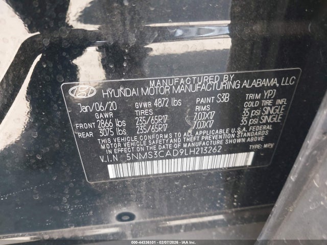 5NMS3CAD9LH213262 Hyundai Santa Fe Sel