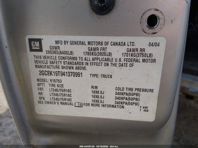 44336126 :رقم المزاد ، 1GTHK29254E373833 vin ، 2004 Gmc Sierra 2500hd Sle مزاد بيع