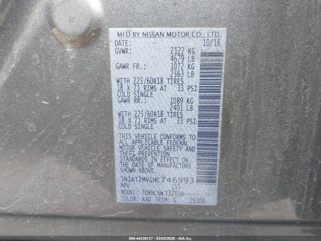2017 Nissan Rogue Sl მანქანა იყიდება აუქციონზე, vin: 5N1AT2MV1HC746993, აუქციონის ნომერი: 44336127