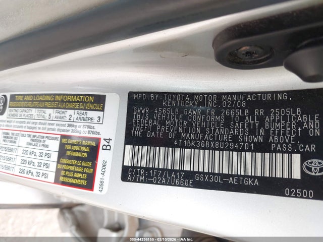 2008 Toyota Avalon Xls მანქანა იყიდება აუქციონზე, vin: 4T1BK36BX8U294701, აუქციონის ნომერი: 44336150