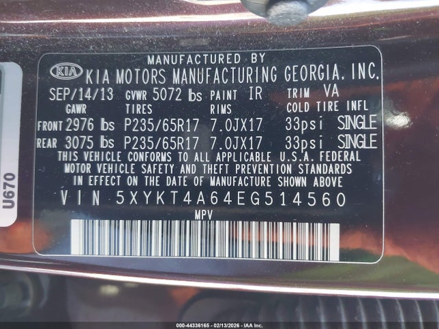 5XYKT4A64EG514560 KIA SORENTO LX