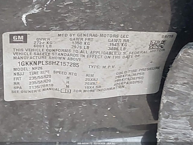 44336172 :رقم المزاد ، 1GKKNPLS8HZ157285 vin ، 2017 Gmc Acadia Denali مزاد بيع