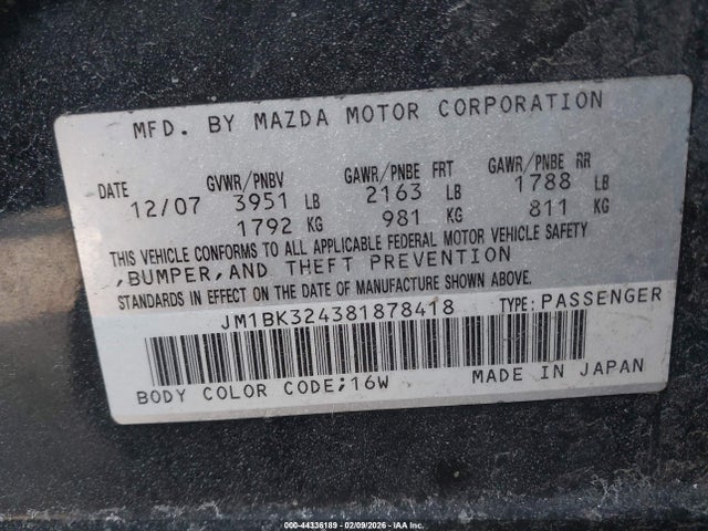 Aukcja sprzedaży 2008 Mazda Mazda3 S Touring, vin: JM1BK324381878418, numer aukcji: 44336189
