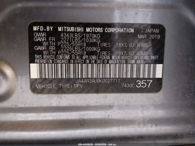 44336200 :رقم المزاد ، JA4AR3AU9KU027717 vin ، 2019 Mitsubishi Outlander Sport 2.0 Se مزاد بيع