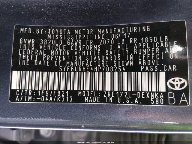 5YFBURHE4HP708254 Toyota COROLLA LE