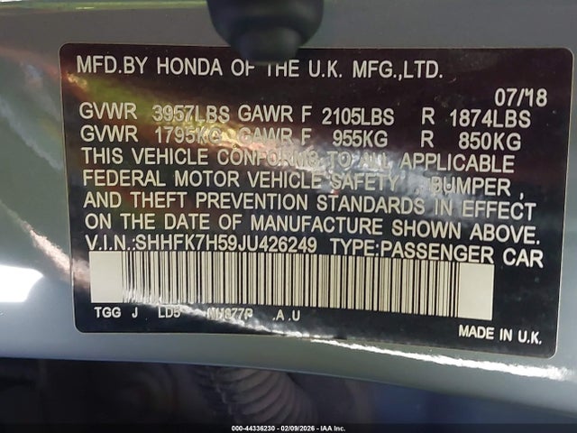 SHHFK7H59JU426249 Honda CIVIC EX
