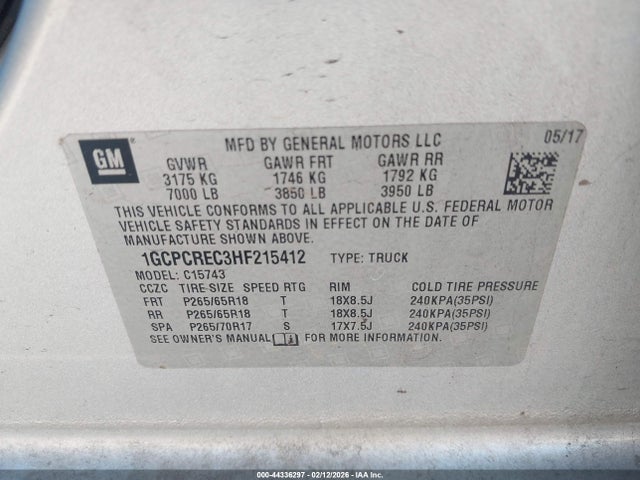 1GCPCREC3HF215412 Chevrolet Silverado 1500 1lt