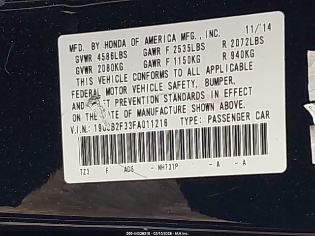 44336318 :رقم المزاد ، 19UUB2F33FA011216 vin ، 2015 Acura Tlx V6 مزاد بيع