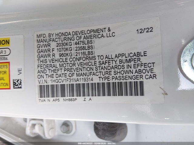44336322 :رقم المزاد ، 1HGCV1F31NA119314 vin ، 2022 Honda Accord Sport مزاد بيع