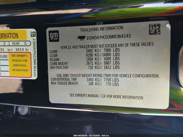 1GNSKPKD3MR364143 Chevrolet Tahoe 4wd Z71