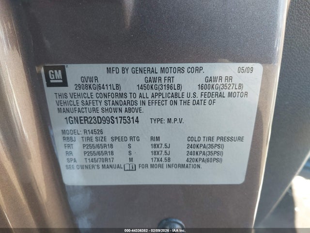 2009 Chevrolet Traverse Lt მანქანა იყიდება აუქციონზე, vin: 1GNER23D99S175314, აუქციონის ნომერი: 44336382