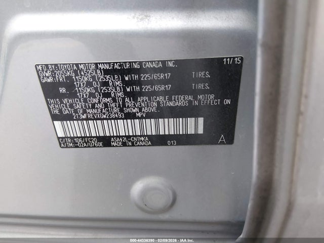 2T3WFREVXGW238493 Toyota Rav4 Xle