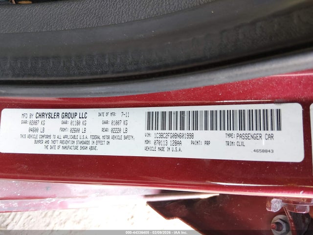 2011 Chrysler 200 Limited მანქანა იყიდება აუქციონზე, vin: 1C3BC2FG0BN601998, აუქციონის ნომერი: 44336405