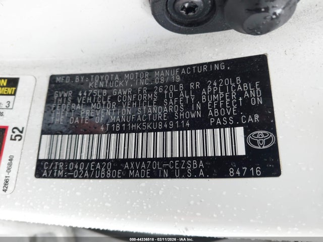 4T1B11HK5KU849114 Toyota CAMRY SE
