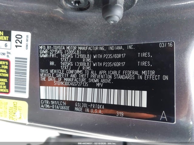 5TDYK3DC4GS727135 Toyota Sienna Xle 8 Passenger