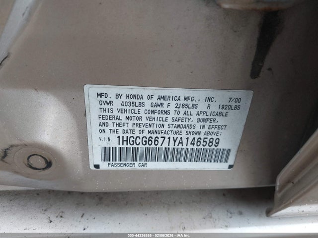 2000 HONDA ACCORD 1HGCG6671YA146589 Photo 8