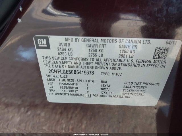 Продажа на аукционе авто 2011 Chevrolet Equinox Ltz, vin: 2CNFLGE50B6419678, номер лота: 44336565