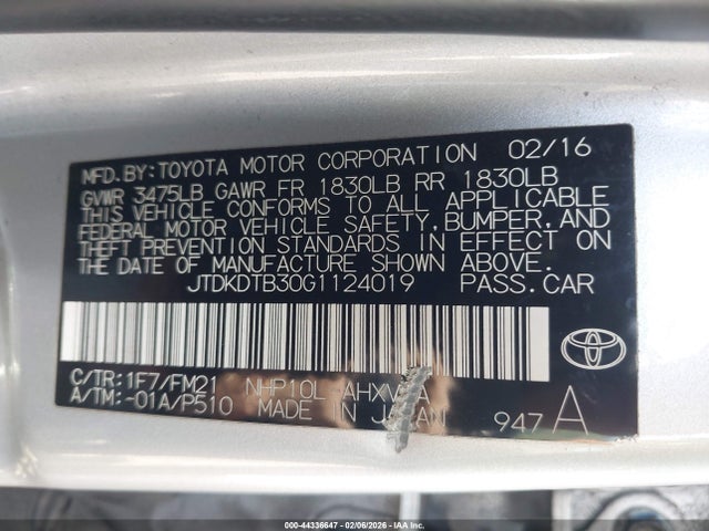 JTDKDTB30G1124019 Toyota Prius C Two
