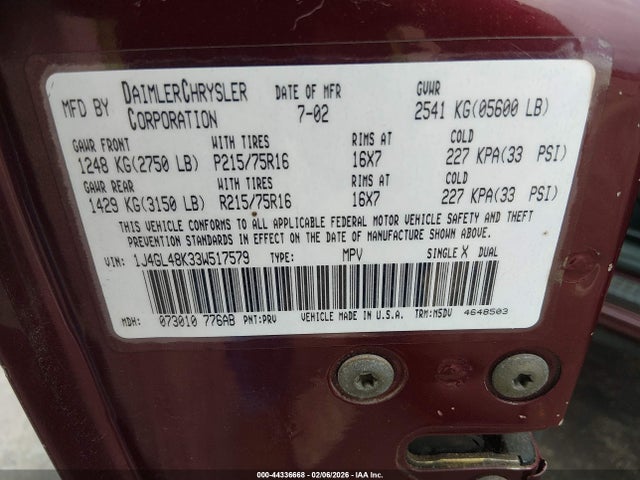 44336668 :رقم المزاد ، 1J4GL48K33W517579 vin ، 2003 Jeep Liberty Sport مزاد بيع