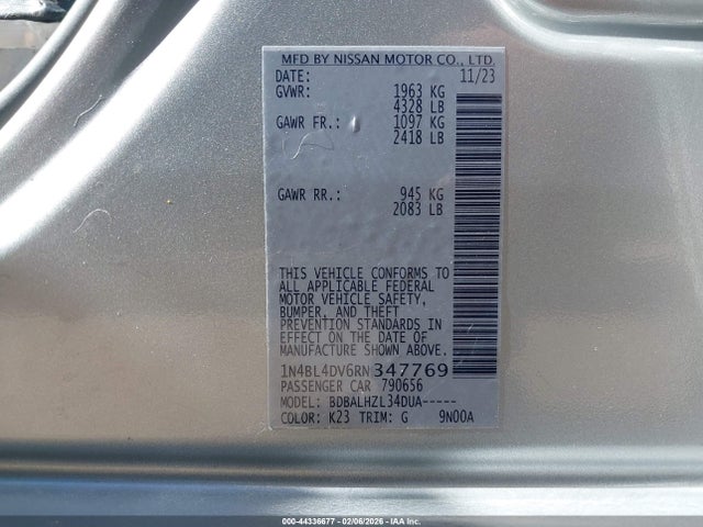 2024 Nissan Altima Sv Fwd მანქანა იყიდება აუქციონზე, vin: 1N4BL4DV6RN347769, აუქციონის ნომერი: 44336677