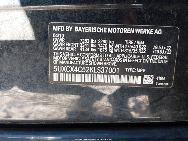 44336715 :رقم المزاد ، 5UXCX4C52KLS37001 vin ، 2019 Bmw X7 Xdrive50i مزاد بيع
