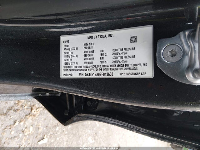 Продаж на аукціоні авто 2025 Tesla Model 3 Long Range Rear-wheel Drive/standard Rear-wheel Drive, vin: 5YJ3E1EA9SF013663, номер лоту: 44336722