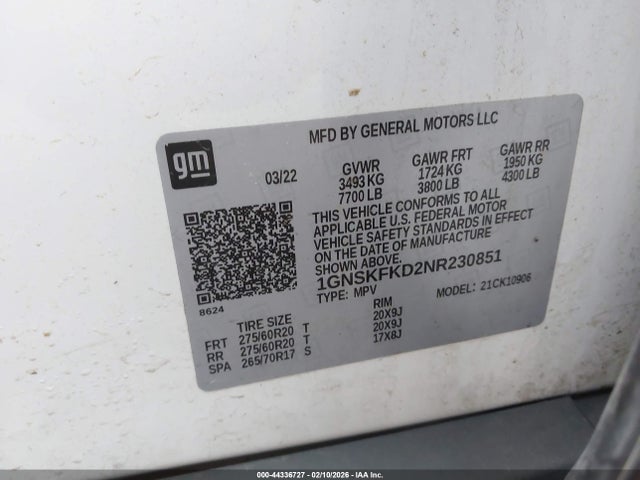 1GNSKFKD2NR230851 Chevrolet Suburban 4wd Premier