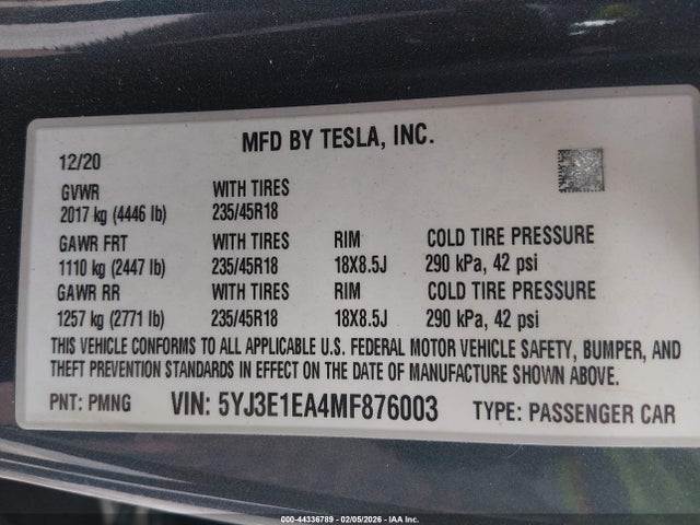 2021 TESLA MODEL 3 5YJ3E1EA4MF876003 Photo 8