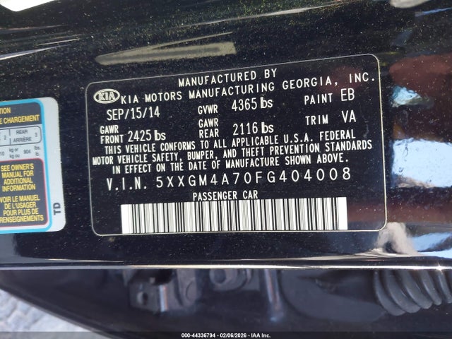 44336794 :رقم المزاد ، 5XXGM4A70FG404008 vin ، 2015 Kia Optima Lx مزاد بيع