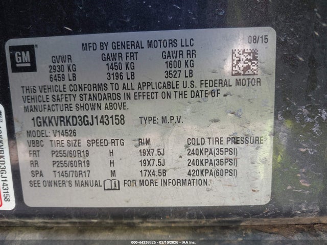 44336825 :رقم المزاد ، 1GKKVRKD3GJ143158 vin ، 2016 Gmc Acadia Slt-1 مزاد بيع