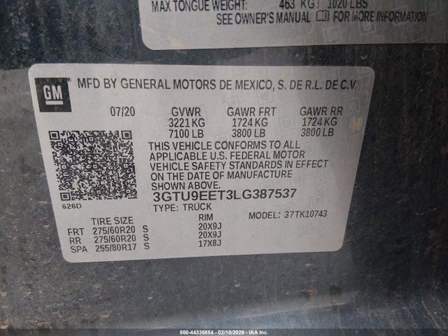 3GTU9EET3LG387537 GMC Sierra 1500 4wd Standard Box At4