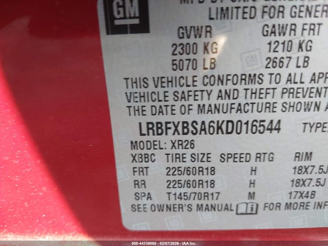 Aukcja sprzedaży 2019 Buick Envision Fwd Preferred, vin: LRBFXBSA6KD016544, numer aukcji: 44336860