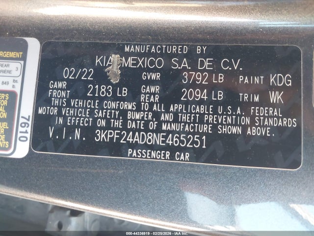Aukcja sprzedaży 2022 Kia Forte Lxs, vin: 3KPF24AD8NE465251, numer aukcji: 44336919