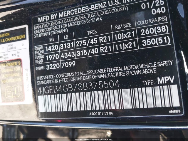 Aukcja sprzedaży 2025 Mercedes-benz Gle 450e 4matic, vin: 4JGFB4GB7SB375504, numer aukcji: 44336948