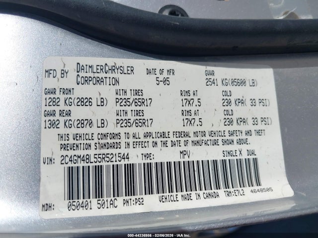 Aukcja sprzedaży 2005 Chrysler Pacifica, vin: 2C4GM48L55R521544, numer aukcji: 44336986