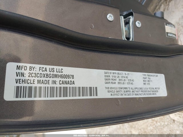 44337003 :رقم المزاد ، 2C3CDXBG0MH600978 vin ، 2021 Dodge Charger Sxt Rwd مزاد بيع
