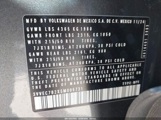 Aukcja sprzedaży 2025 Volkswagen Taos 1.5t Se, vin: 3VVEC7B2XSM005731, numer aukcji: 44337005
