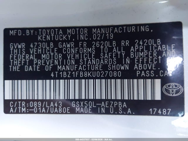 4T1BZ1FB8KU027080 Toyota AVALON LIMITED