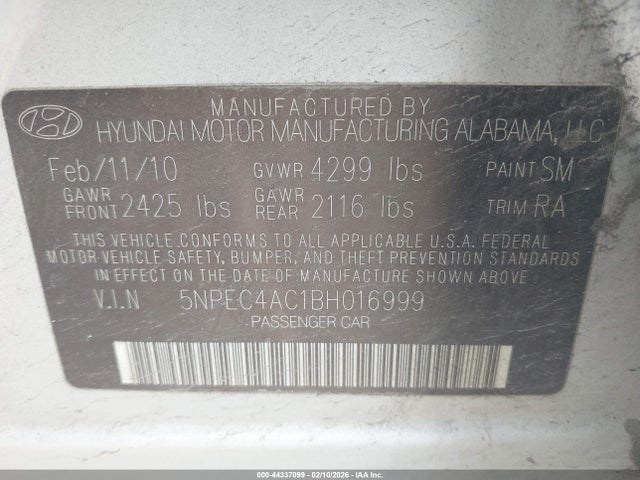 2011 Hyundai Sonata Limited მანქანა იყიდება აუქციონზე, vin: 5NPEC4AC1BH016999, აუქციონის ნომერი: 44337099
