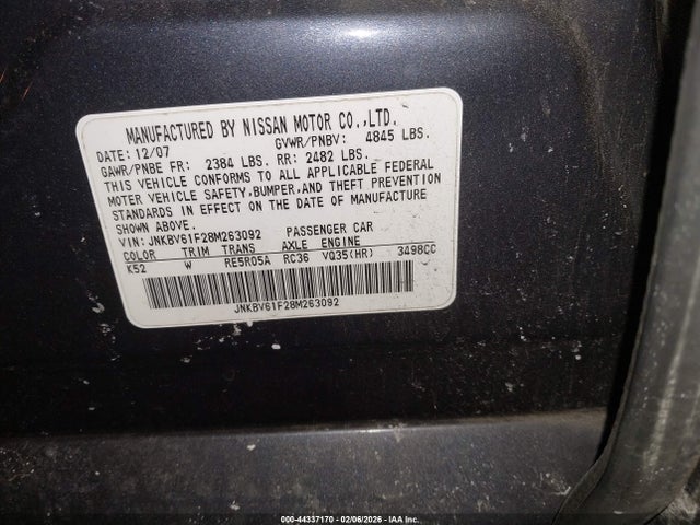 44337170 :رقم المزاد ، JNKBV61F28M263092 vin ، 2008 Infiniti G35x مزاد بيع