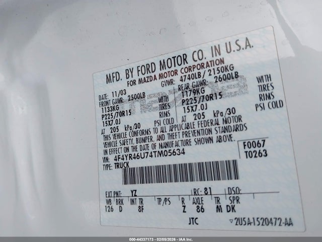 44337173 :رقم المزاد ، 4F4YR46U74TM05634 vin ، 2004 Mazda B3000 Se مزاد بيع