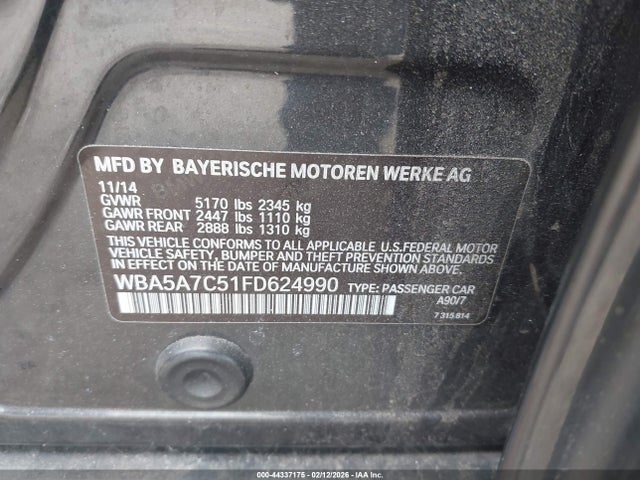 44337175 :رقم المزاد ، WBA5A7C51FD624990 vin ، 2015 Bmw 528i Xdrive مزاد بيع